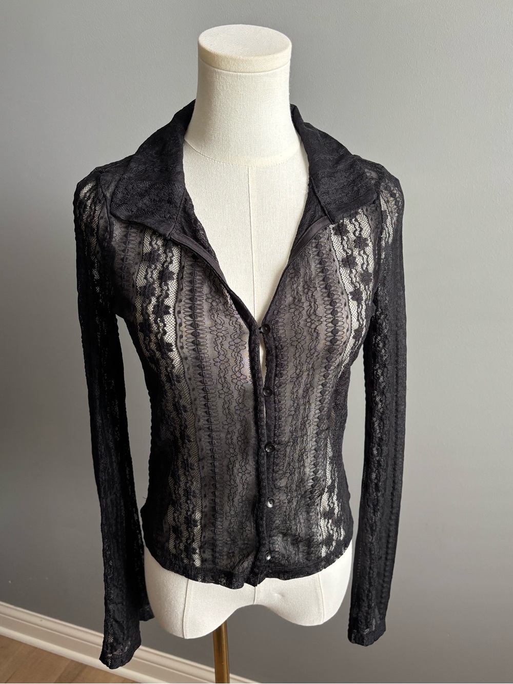 No Comment Sheer Lace Button Up Top